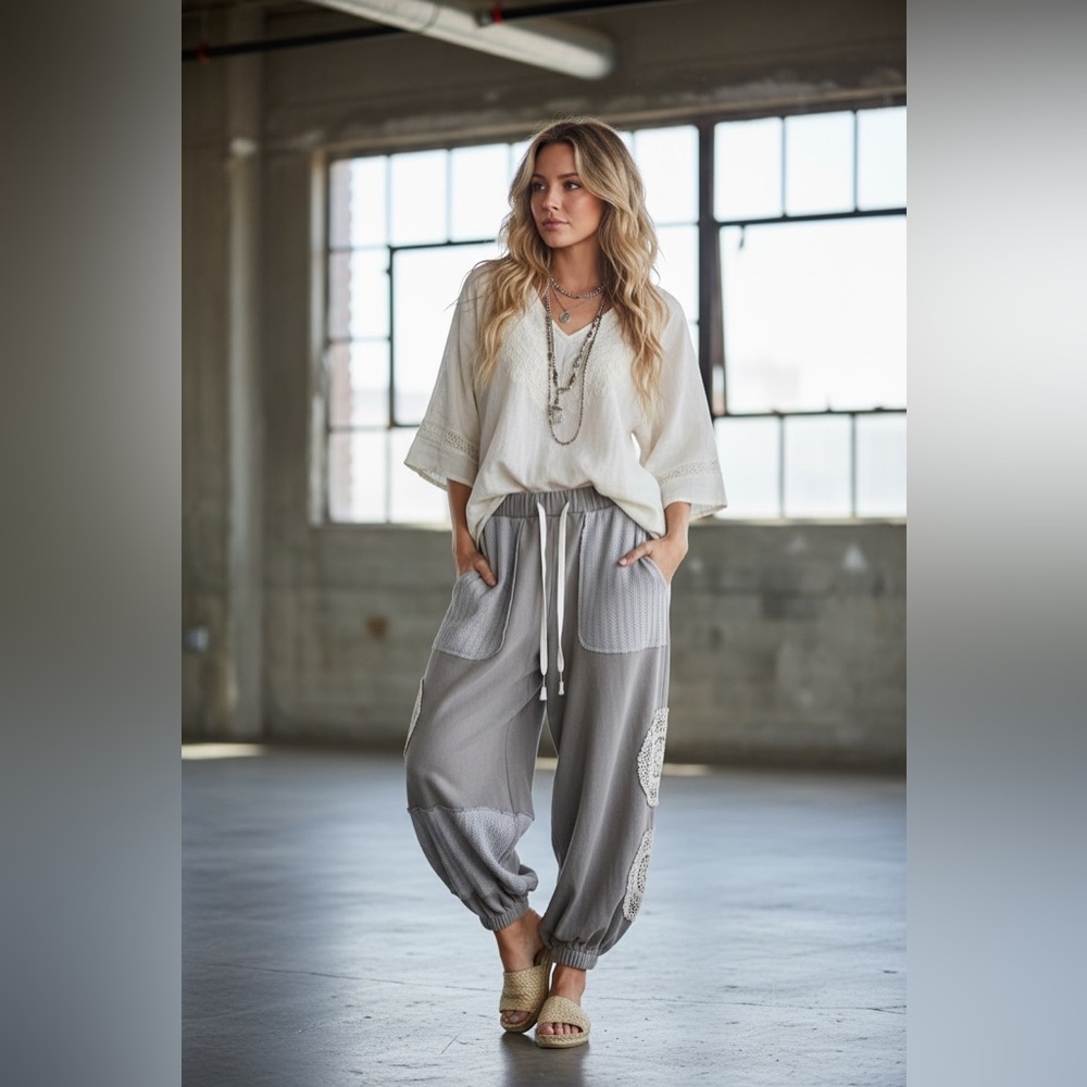 NWT POL Boho Crochet Doily Patchwork Jogger Sweats Sweat Pants Joggers Grey - Picture 12 of 13